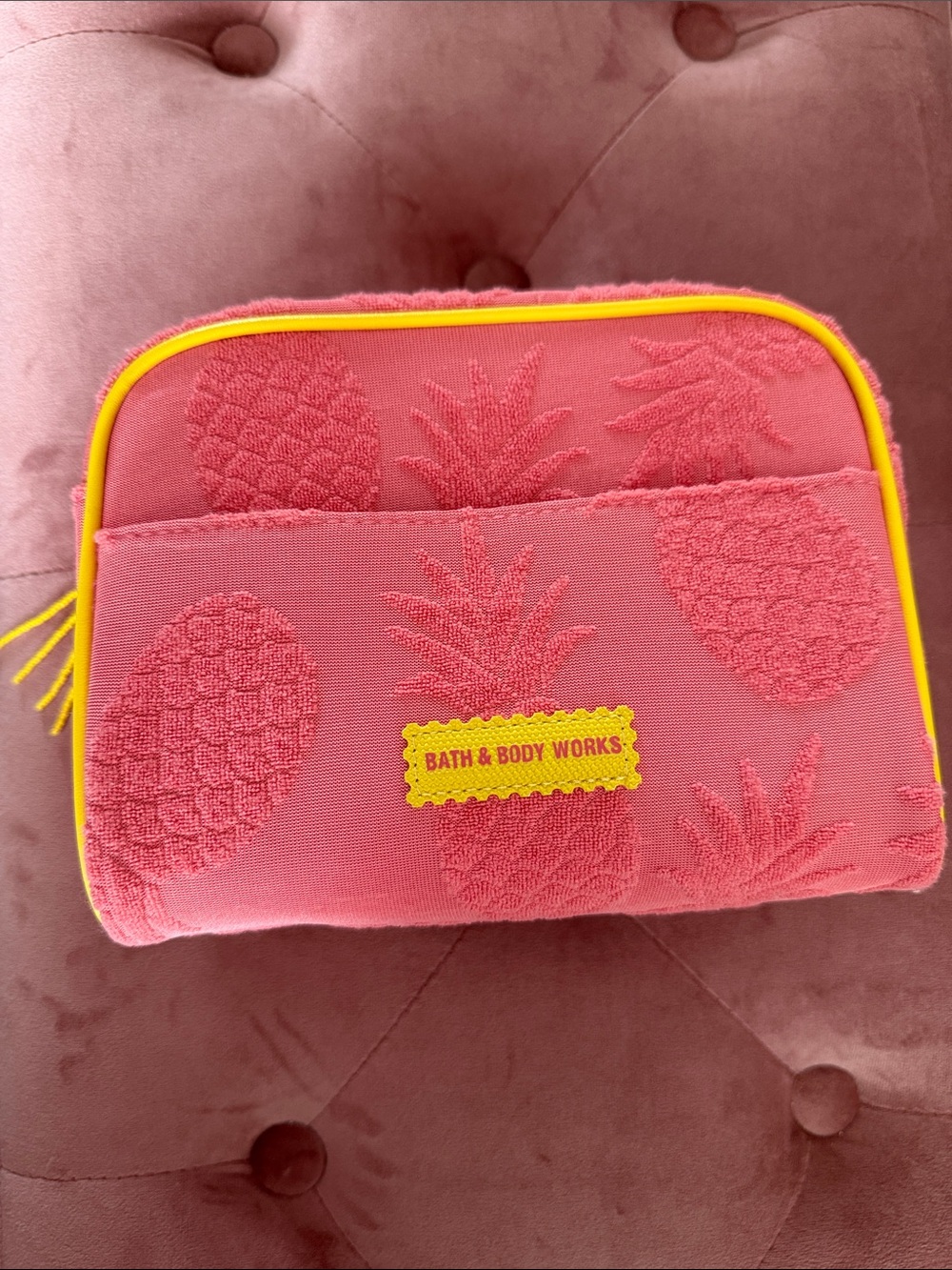 Bath & Body Works Coral Pink Pineapple Cosmetic Pouch with Yellow Trim